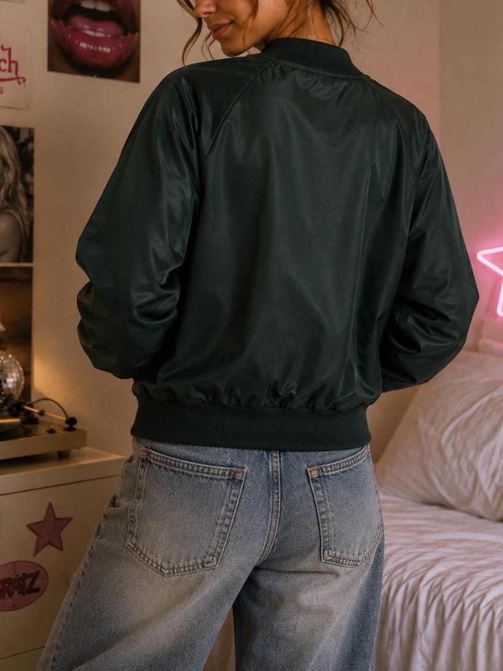Forever 21 Dark Green Bomber Jacket Size Small Lightweight Zip Up - Picture 2 of 8